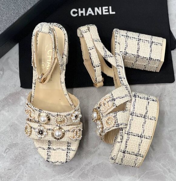 Босоножки Chanel женский текстиль бежевый 188881