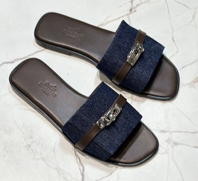 Шлепки Hermès женский джинса синий 149159