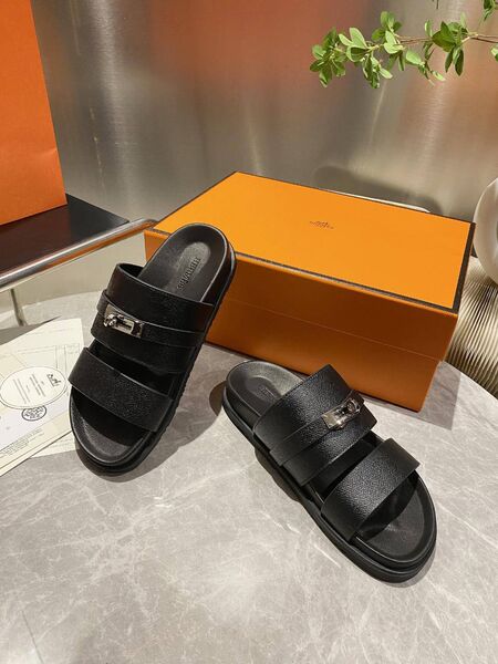 Женские шлепанцы Hermes женский кожа черный f9609229-1-2