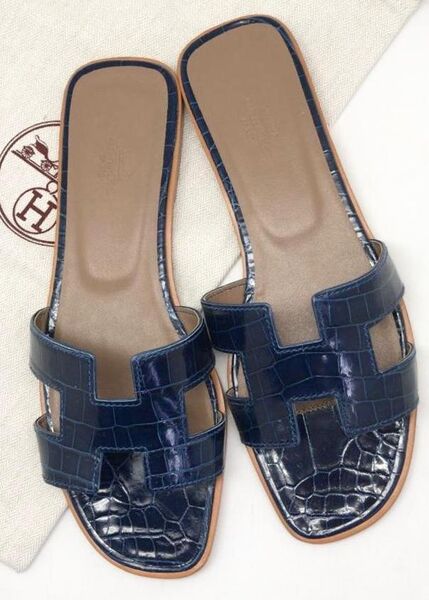 Шлепки Hermès женский кожа синий 89269
