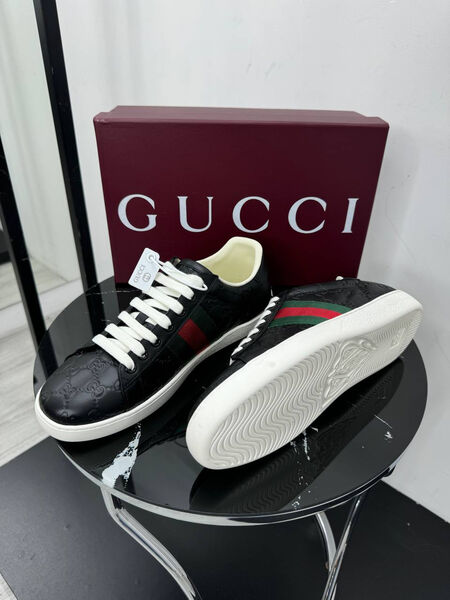 Мужские кеды Gucci мужской кожа черный 196037-3