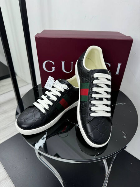 Мужские кеды Gucci мужской кожа черный 196037-2