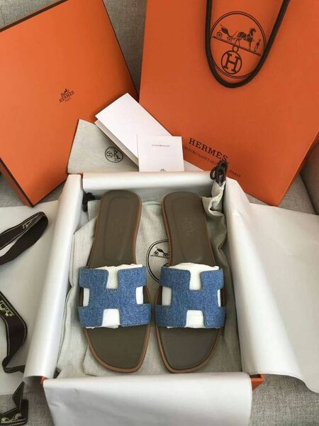 Шлепки Hermès женский текстиль синий 89467-2