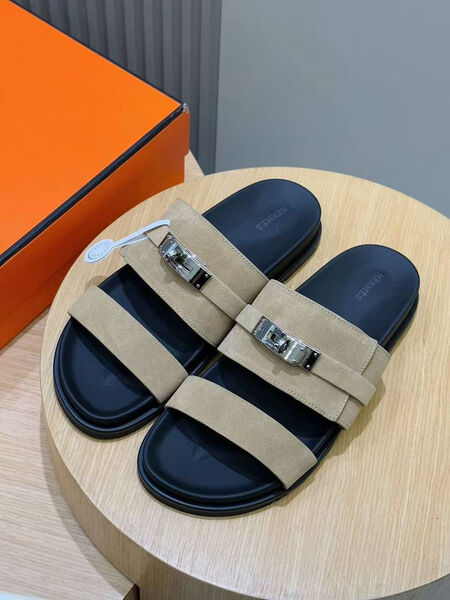 Мужские шлепки Hermès мужской замша бежевый 193736-2