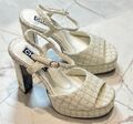 Босоножки Chanel женский твид бежевый 152340-1