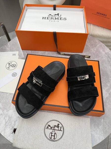 Женские шлепанцы Hermes женский замша черный n7562717-1