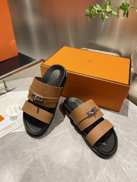 Женские шлепанцы Hermes женский кожа коричневый j7898316-1-3