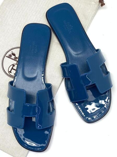 Шлепки Hermès женский кожа синий 89130