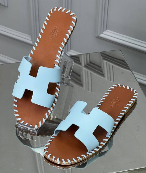 Шлепки Hermès женский кожа бирюзовый 147423
