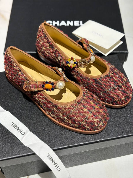 Балетки Chanel женский твид бордовый 156063-2
