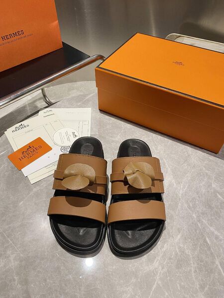 Женские шлепанцы Hermes женский кожа коричневый j7898316-1-2