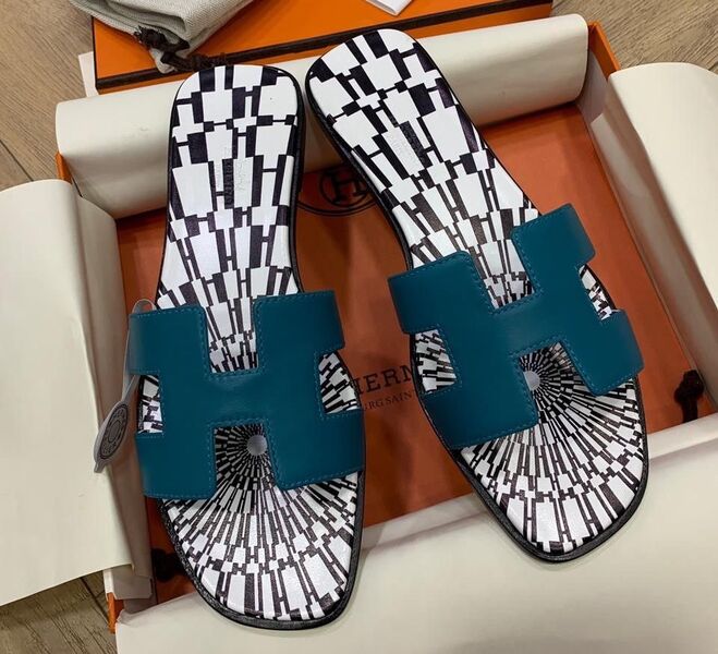 Шлепки Hermès женский кожа бирюзовый 103885