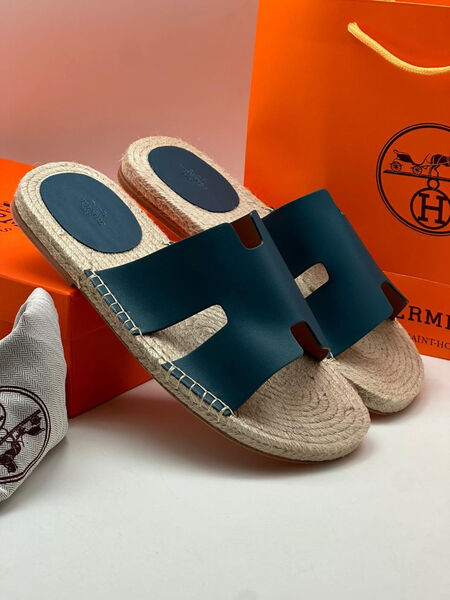 Мужские шлепки Hermès мужской кожа синий 114598-3