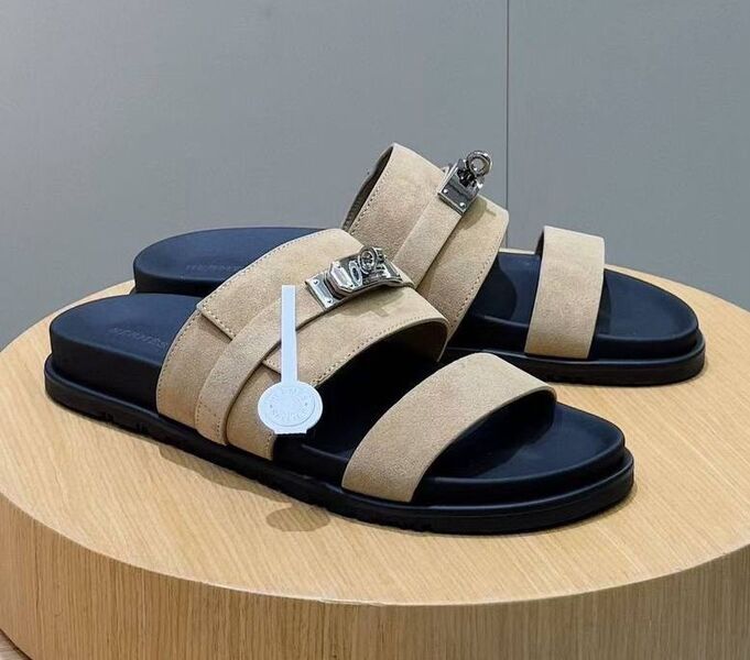 Мужские шлепки Hermès мужской замша бежевый 193736