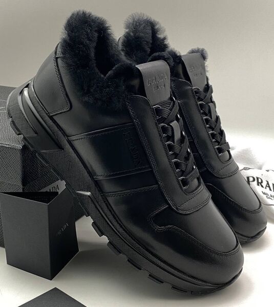 Мужские кроссовки Prada мужской кожа черный 168664