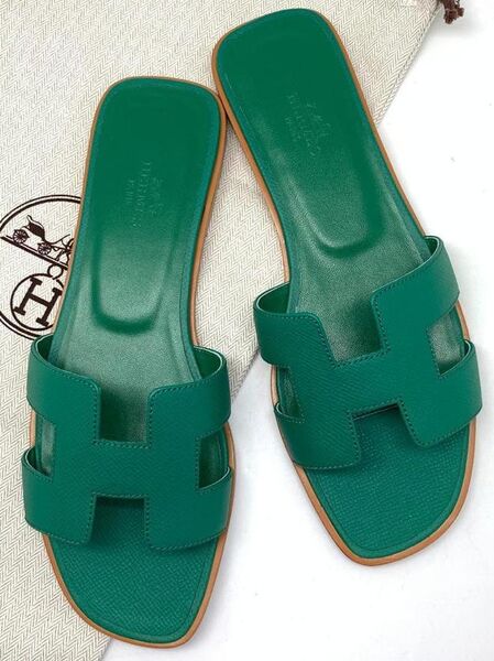 Шлепки Hermès женский кожа болотный 89112