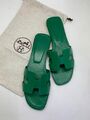 Шлепки Hermès женский кожа болотный 89191-2