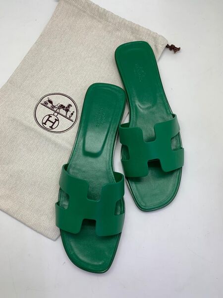Шлепки Hermès женский кожа болотный 89191-2