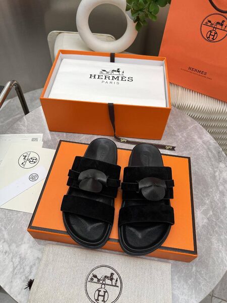 Женские шлепанцы Hermes женский замша черный n7562717-1-5