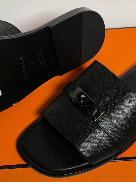 Мужские шлепки Hermès мужской кожа черный 121764-5