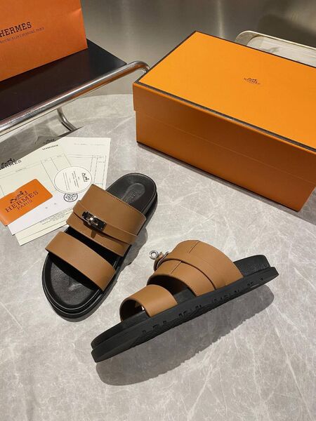 Женские шлепанцы Hermes женский кожа коричневый j7898316-1-5