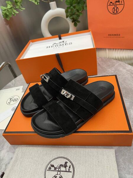 Женские шлепанцы Hermes женский замша черный n7562717-1-2