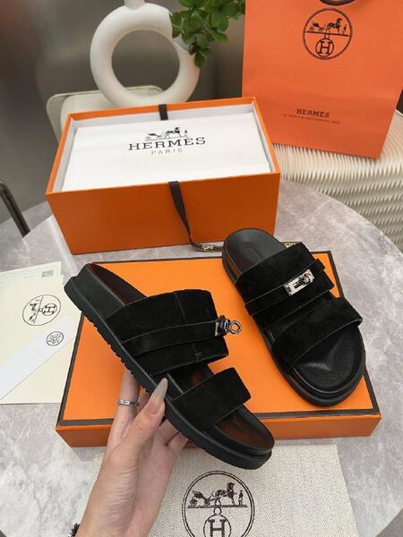 Женские шлепанцы Hermes женский замша черный n7562717-1-3