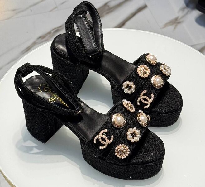 Босоножки Chanel женский текстиль черный 191075