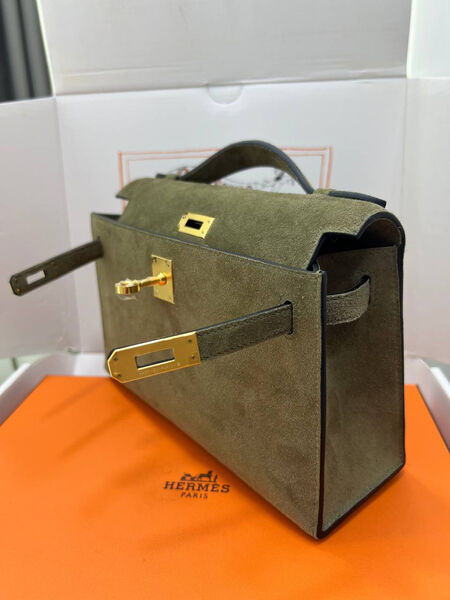Сумка Hermèskelly Pochette женский замша болотный 155751-4