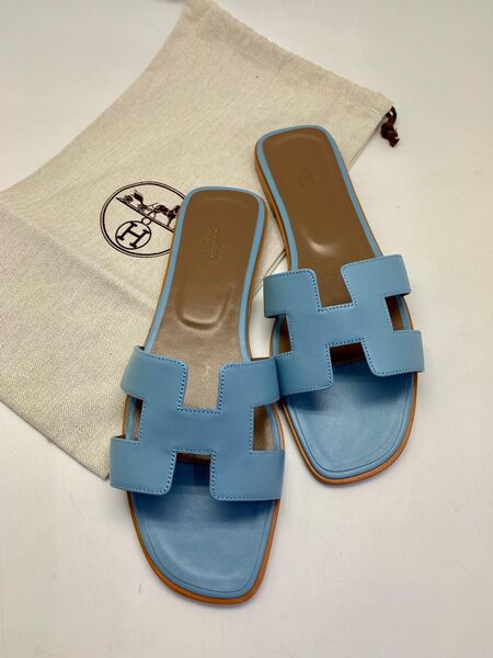Шлепки Hermès женский кожа бирюзовый 89233-2