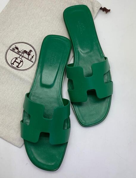Шлепки Hermès женский кожа болотный 89191