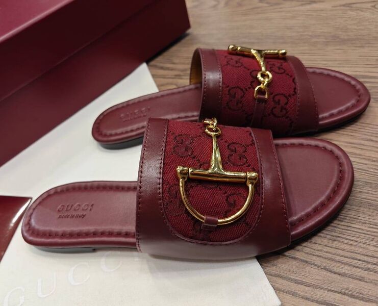 Шлепки Gucci женский канва бордовый 189898