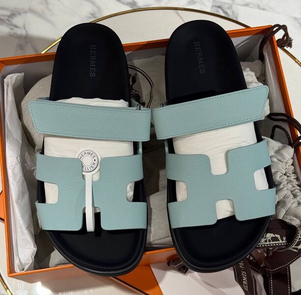 Шлепки Hermès женский кожа бирюзовый 193375