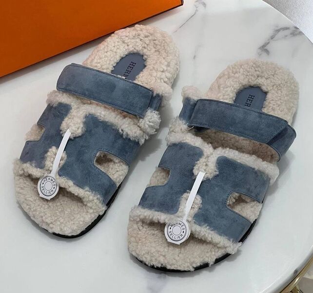 Тапочки Hermès женский замша синий 137454