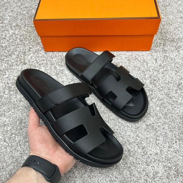 Мужские шлепки Hermès мужской кожа черный 115588-5