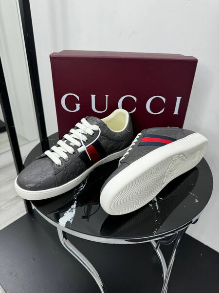 Мужские кеды Gucci мужской кожа графитовый 196023-3