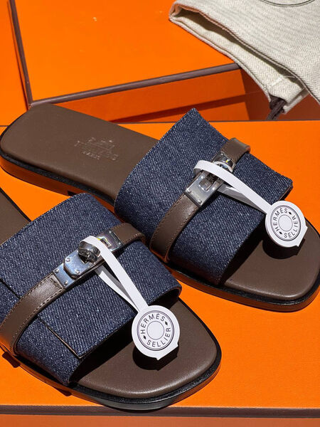 Шлепки Hermès женский джинса синий 150406-2