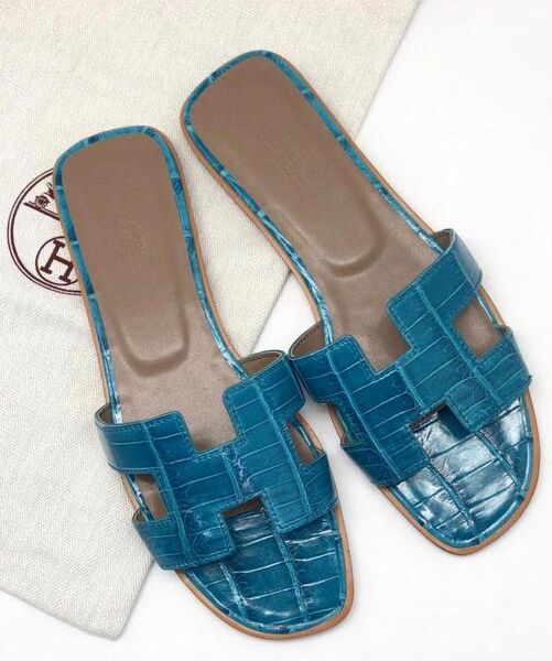 Шлепки Hermès женский кожа бирюзовый 89263