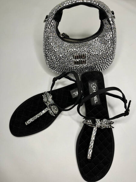 Босоножки Chanel женский стразы графитовый 155629-2