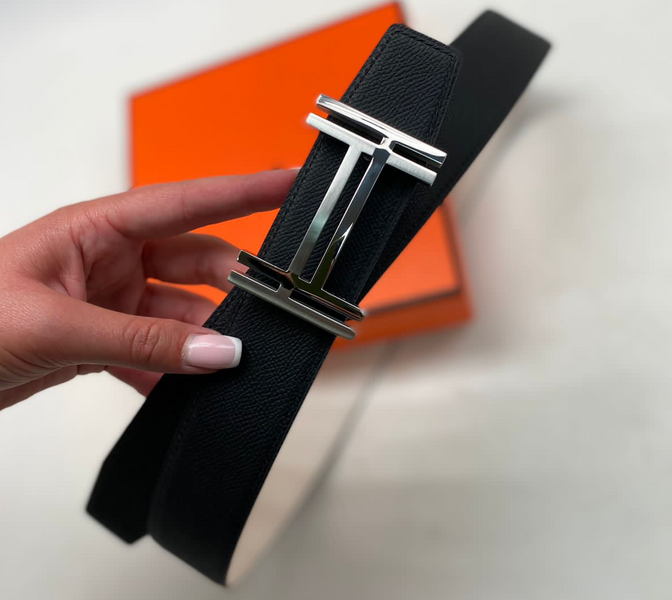 Мужской двусторонний ремень Hermès мужской кожа черный 50777