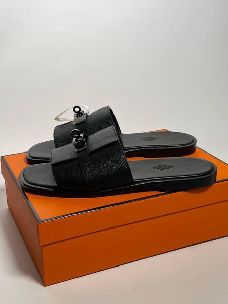 Мужские шлепки Hermès мужской кожа черный 121764-3